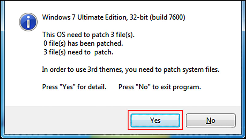 Nhấn Yes để x&aacute;c nhận việc Patch l&ecirc;n Windows